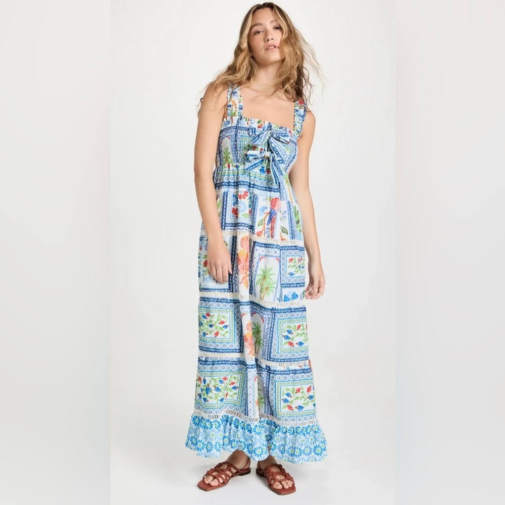 FARM Rio Blue Green Ruffled Tiered Maxi Sundress